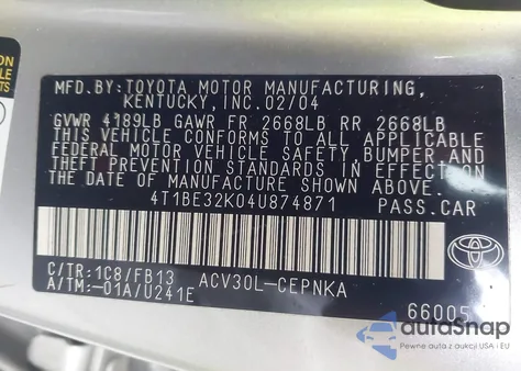 2004 Toyota Camry Le из США, поврежденный, VIN 4T1BE32K04U874871